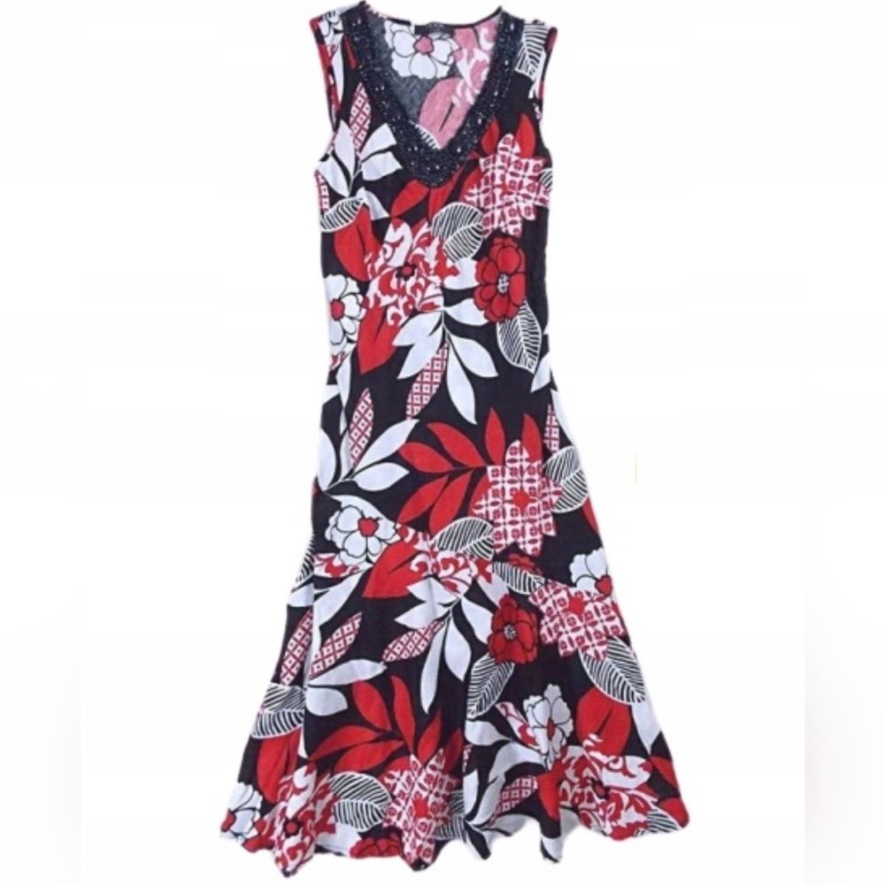Moda at George Red/Navy Floral Midi Dress w Beading Detail, Sz 12(UK) / 8(US)